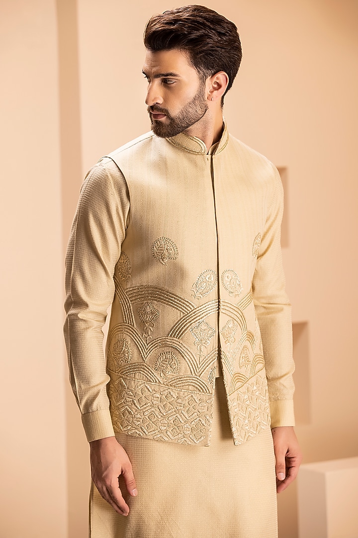 Light Gold Banarasi Silk Embroidered Nehru Jacket Set by AMIT ARORA at Pernia's Pop Up Shop