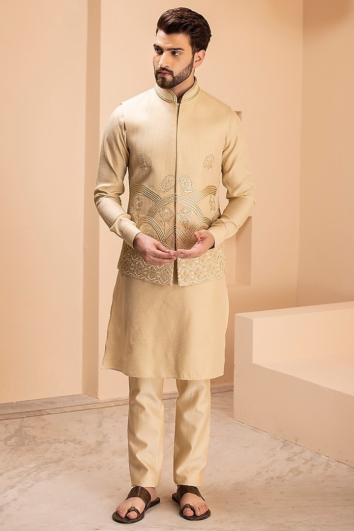 Light Gold Banarasi Silk Embroidered Nehru Jacket Set by AMIT ARORA at Pernia's Pop Up Shop