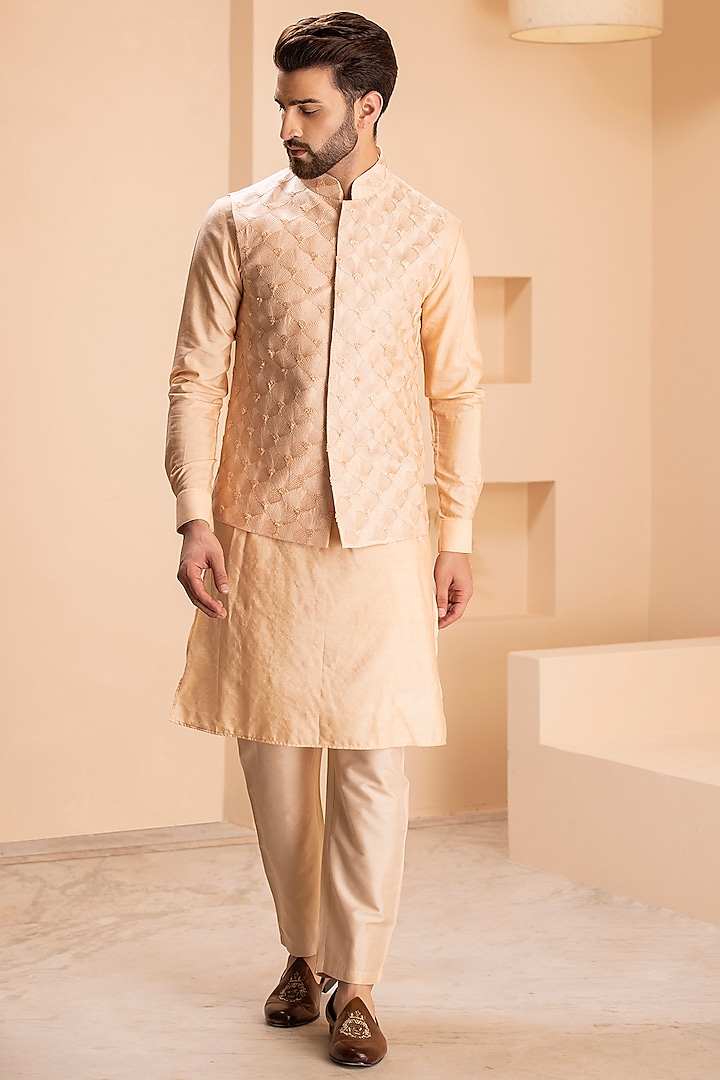 Peach Silk Embroidered Nehru Jacket Set by AMIT ARORA at Pernia's Pop Up Shop