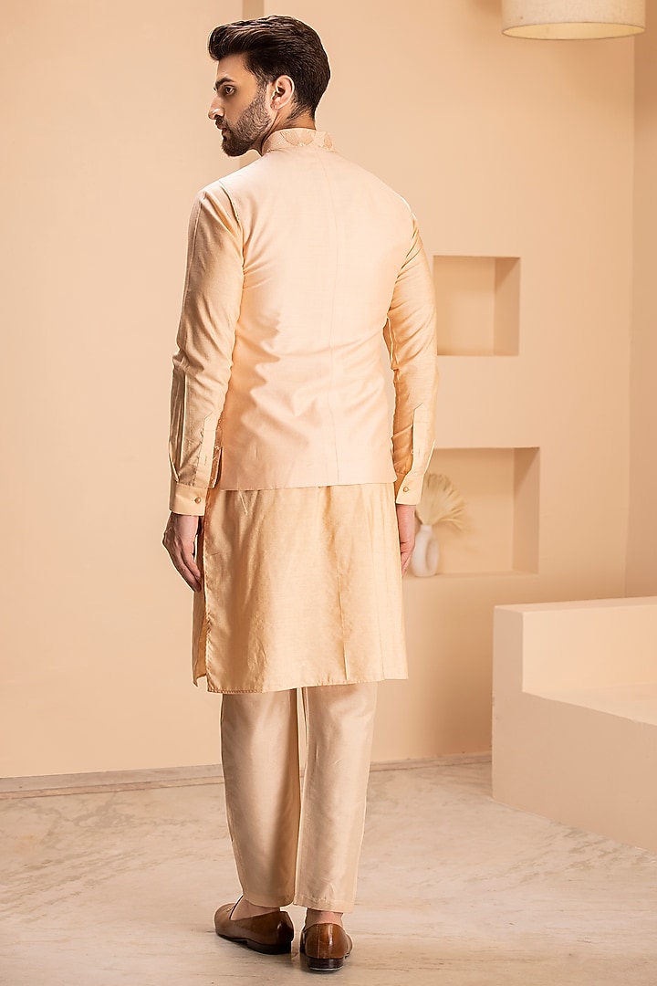 Peach Silk Hand Embroidered Nehru Jacket Set by AMIT ARORA at Pernia's Pop Up Shop