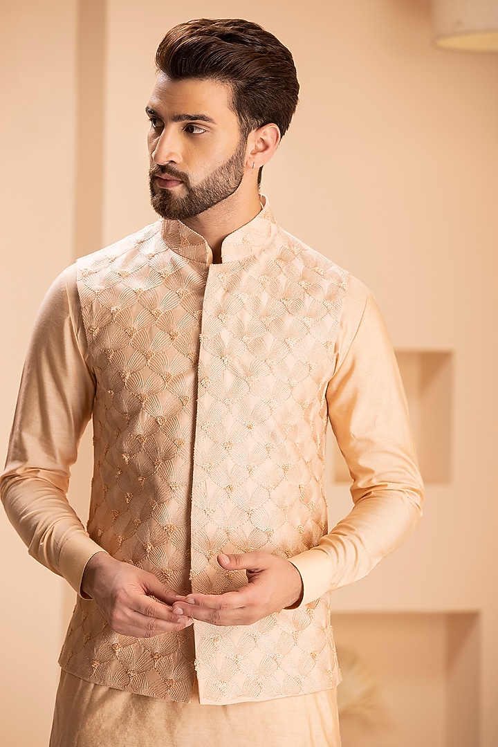 Peach Silk Hand Embroidered Nehru Jacket Set by AMIT ARORA at Pernia's Pop Up Shop