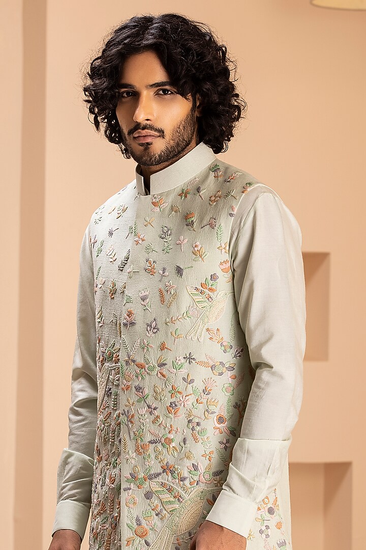 Mint Green Silk Hand Embroidered Nehru Jacket Set by AMIT ARORA at Pernia's Pop Up Shop