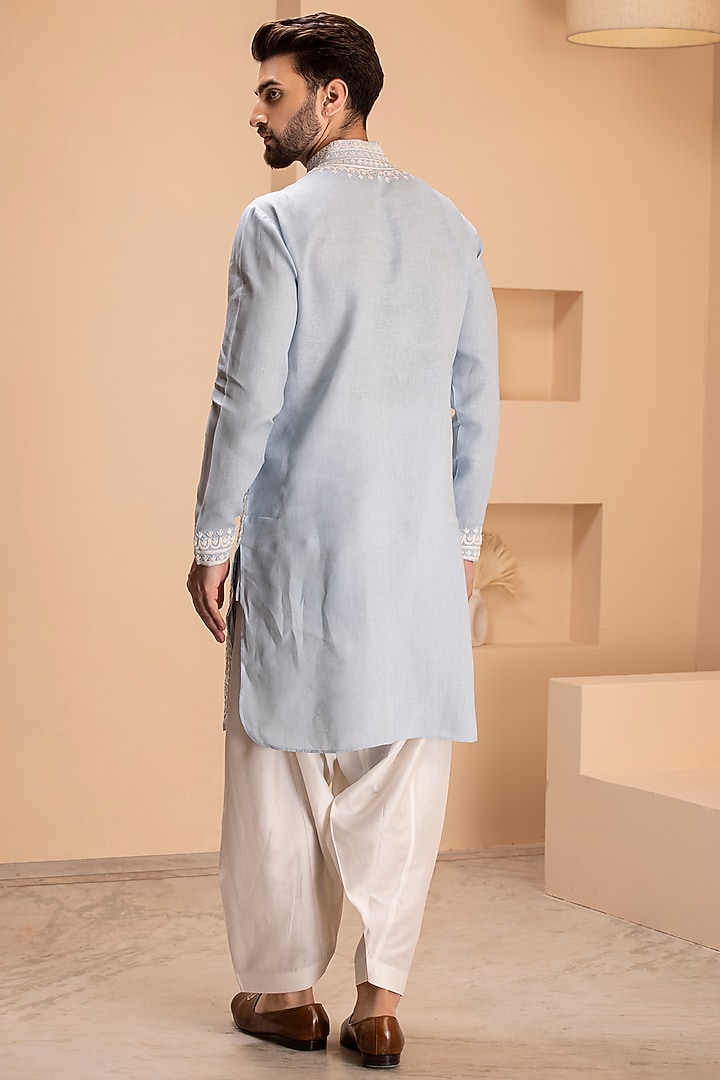 Sky Blue Linen Dori Embroidered Kurta Set by AMIT ARORA at Pernia's Pop Up Shop