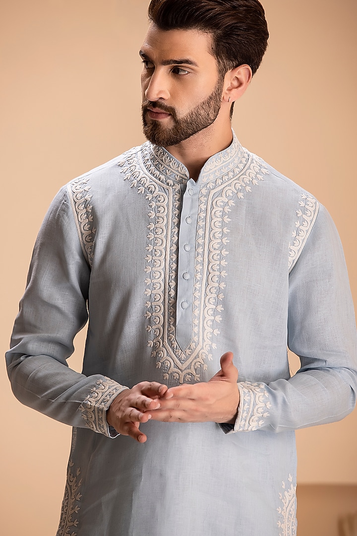 Sky Blue Linen Dori Embroidered Kurta Set by AMIT ARORA at Pernia's Pop Up Shop
