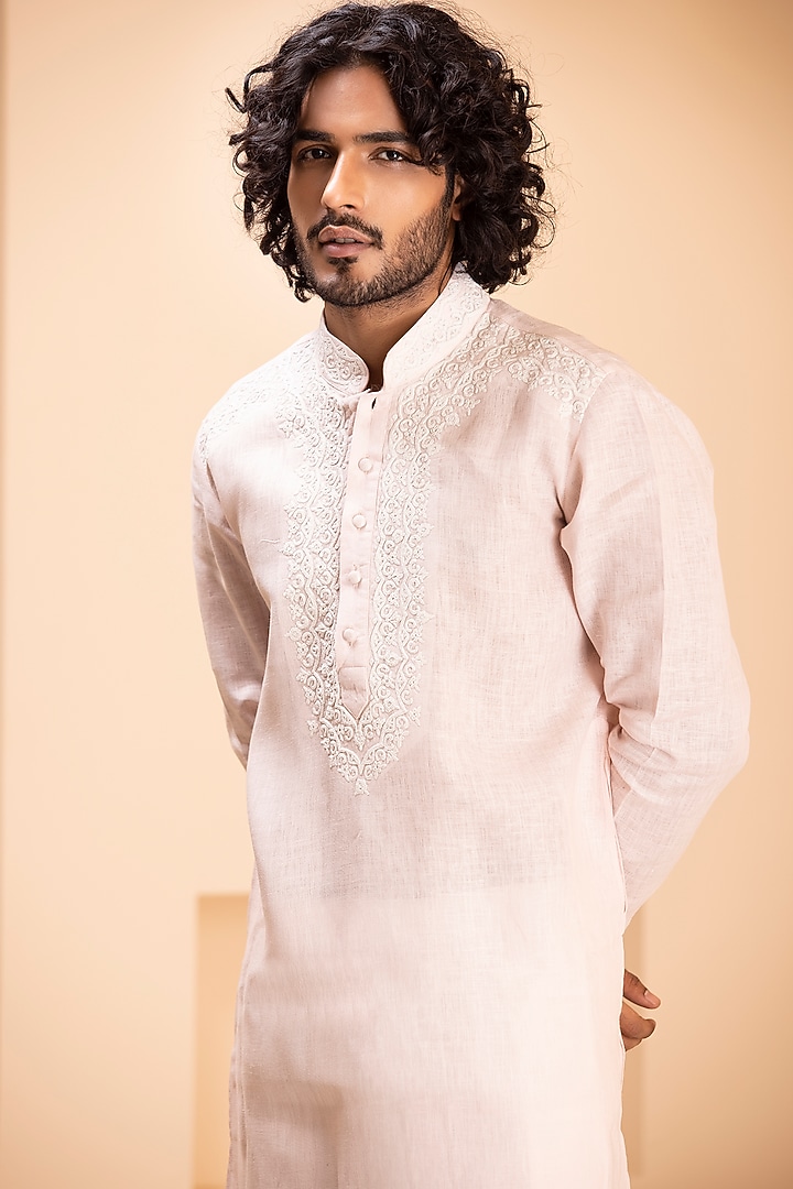 Baby Pink Linen Dori Embroidered Kurta Set by AMIT ARORA at Pernia's Pop Up Shop