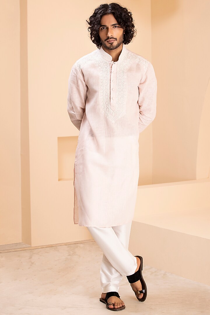Baby Pink Linen Dori Embroidered Kurta Set by AMIT ARORA at Pernia's Pop Up Shop
