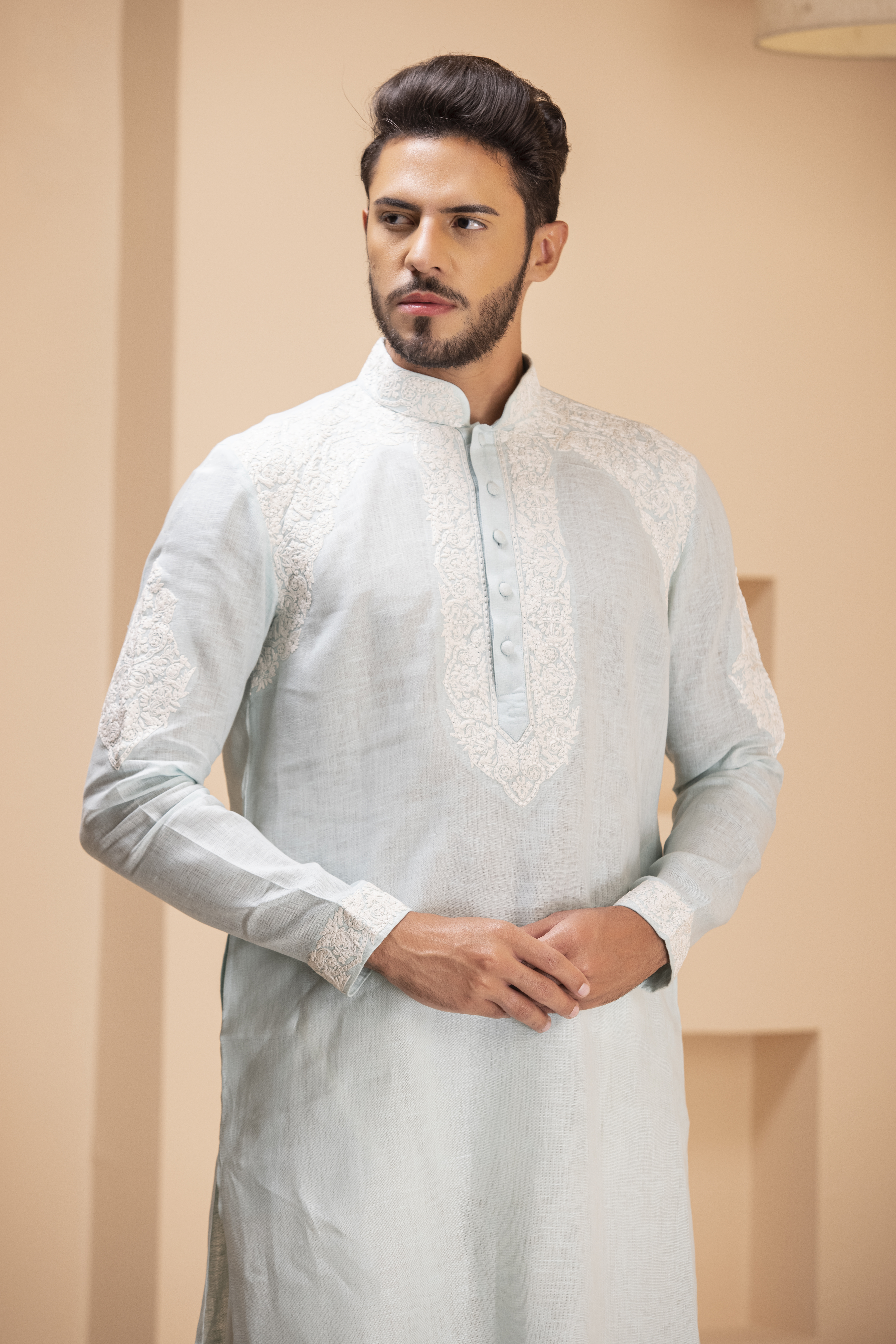 Blue Linen Embroidered Kurta Set by AMIT ARORA at Pernia's Pop Up Shop