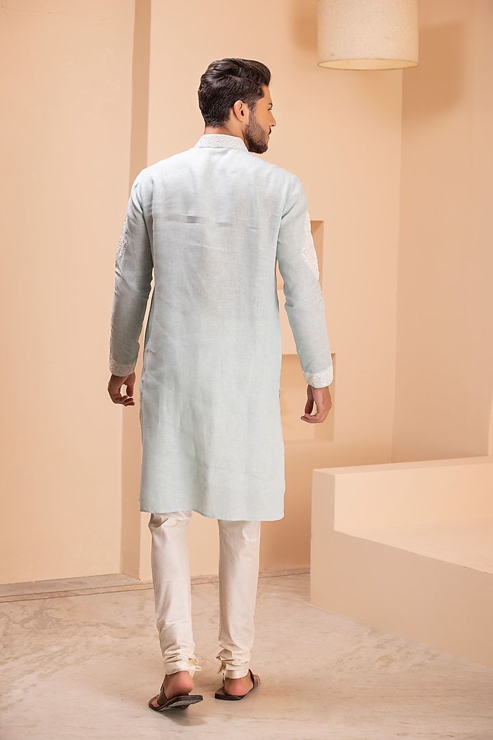 Blue Linen Embroidered Kurta Set by AMIT ARORA at Pernia's Pop Up Shop