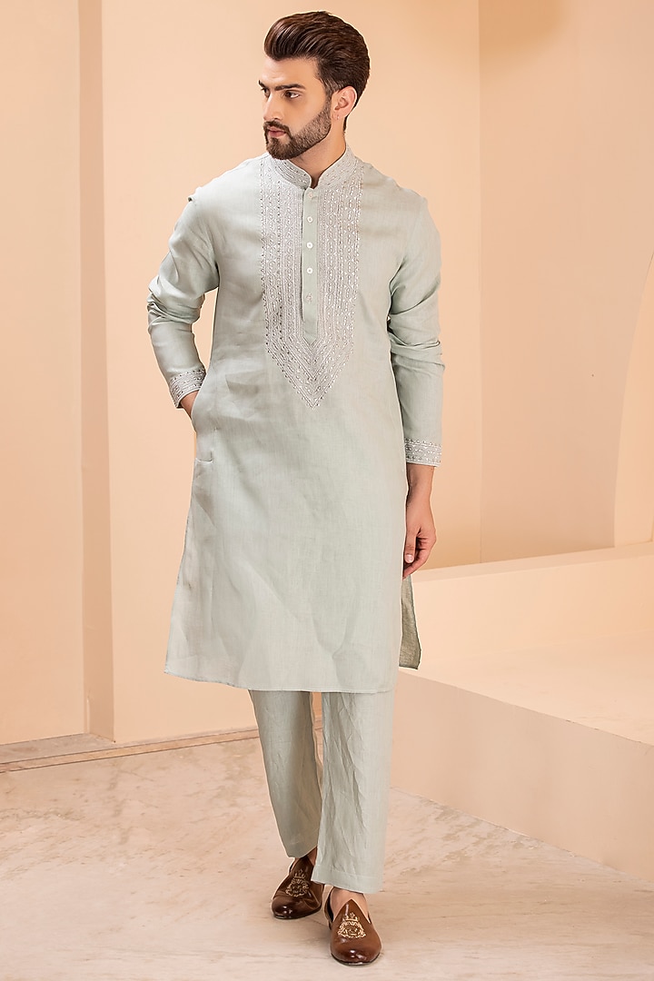 Pista Green Linen Embroidered Kurta Set by AMIT ARORA at Pernia's Pop Up Shop