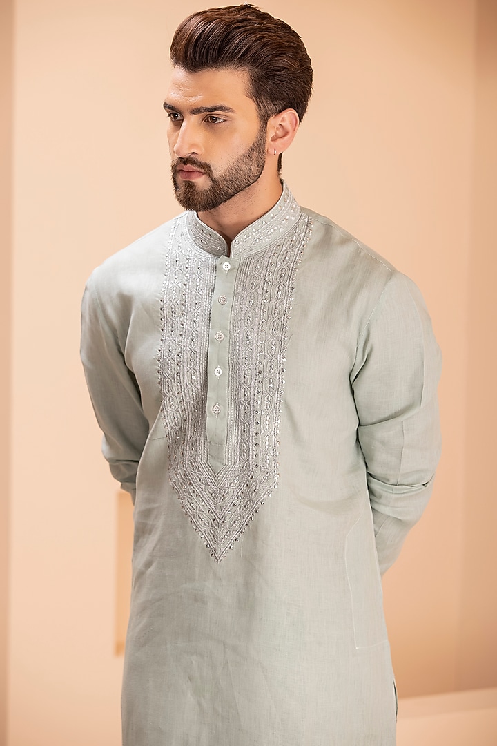 Pista Green Linen Embroidered Kurta Set by AMIT ARORA at Pernia's Pop Up Shop
