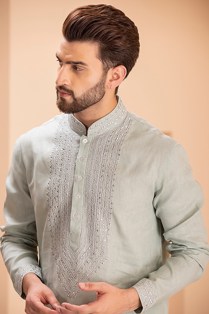 Pista Green Linen Embroidered Kurta Set by AMIT ARORA at Pernia's Pop Up Shop