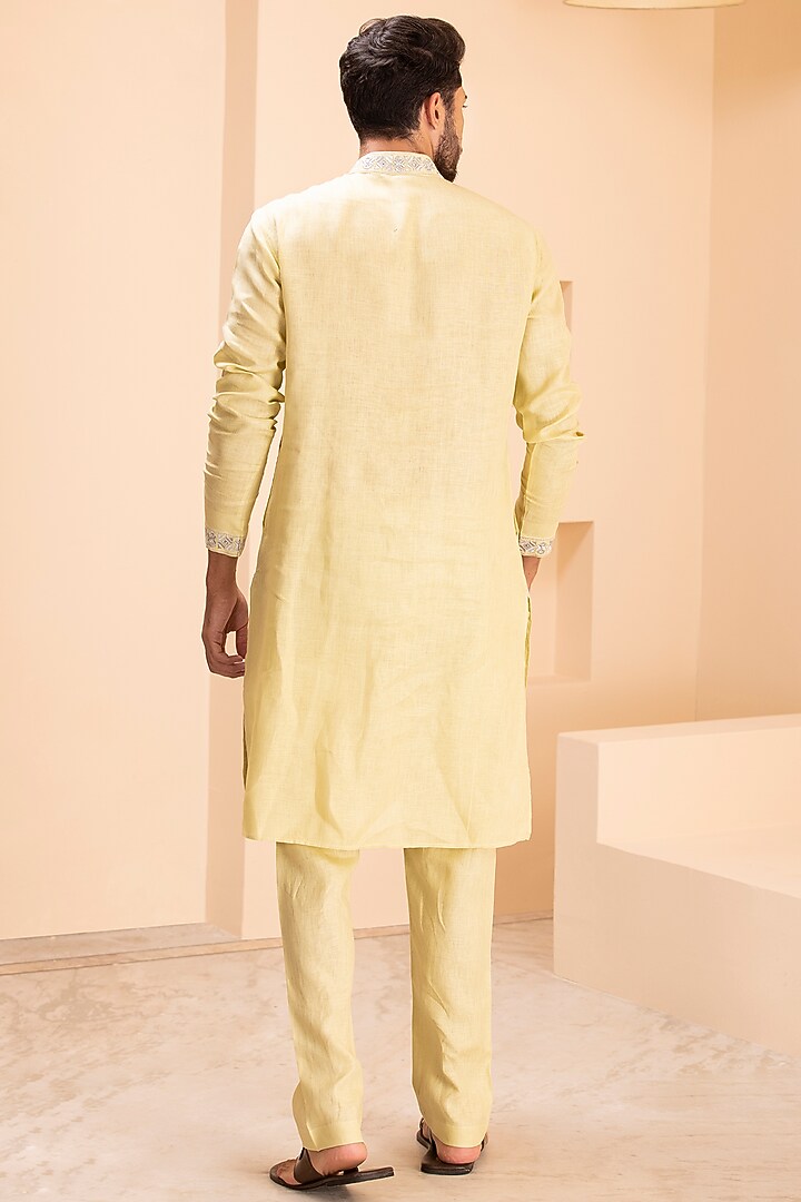 Yellow Linen Embroidered Kurta Set by AMIT ARORA at Pernia's Pop Up Shop