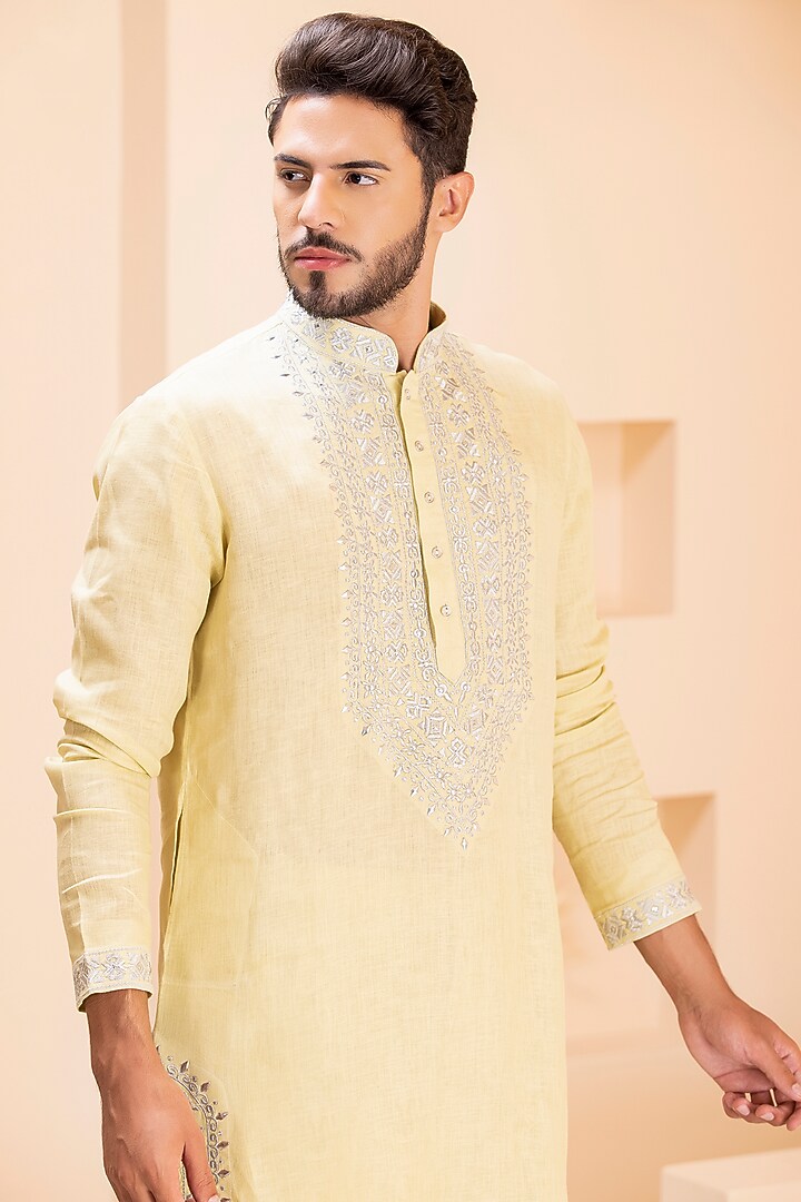 Yellow Linen Embroidered Kurta Set by AMIT ARORA at Pernia's Pop Up Shop