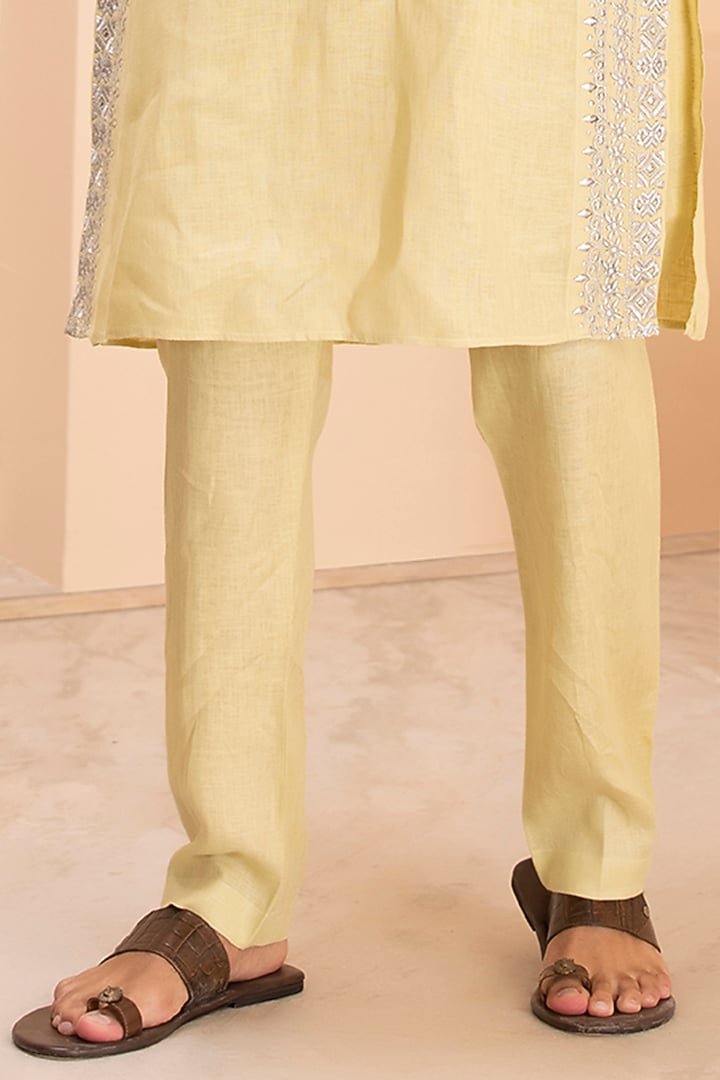 Yellow Linen Embroidered Kurta Set by AMIT ARORA at Pernia's Pop Up Shop