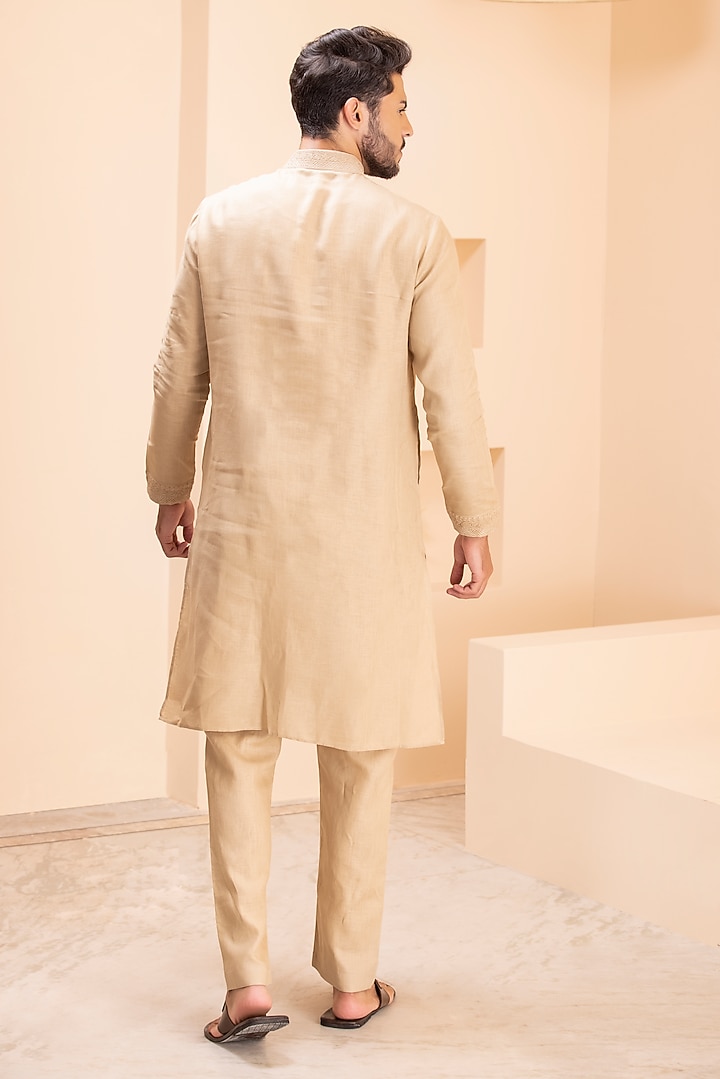 Khaki Linen Embroidered Kurta Set by AMIT ARORA at Pernia's Pop Up Shop