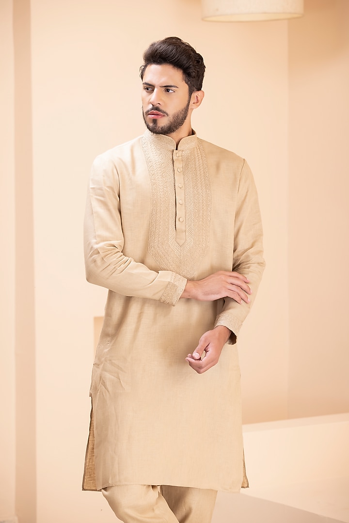 Khaki Linen Embroidered Kurta Set by AMIT ARORA at Pernia's Pop Up Shop