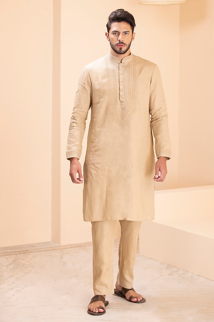 Khaki Linen Embroidered Kurta Set by AMIT ARORA at Pernia's Pop Up Shop