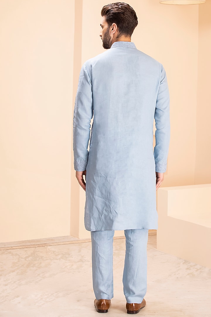 Blue Linen Embroidered Kurta Set by AMIT ARORA at Pernia's Pop Up Shop