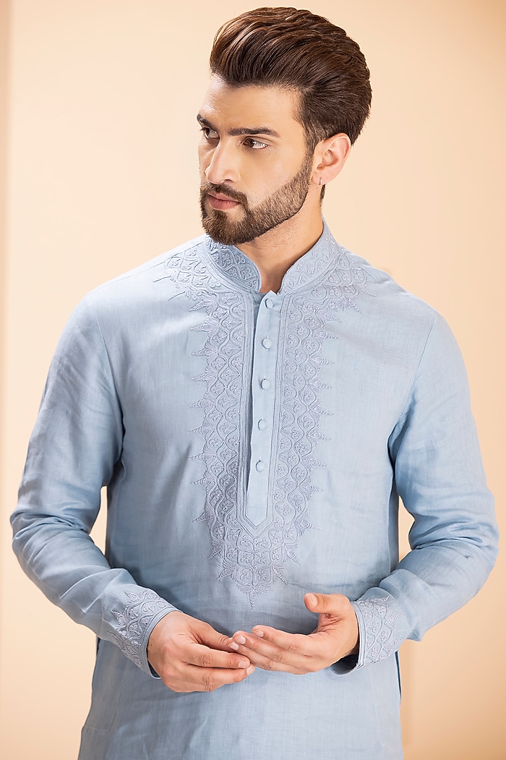 Blue Linen Embroidered Kurta Set by AMIT ARORA at Pernia's Pop Up Shop