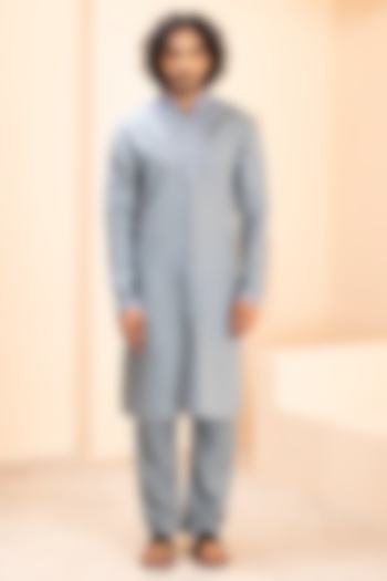 Turquoise Linen Embroidered Kurta Set by AMIT ARORA at Pernia's Pop Up Shop