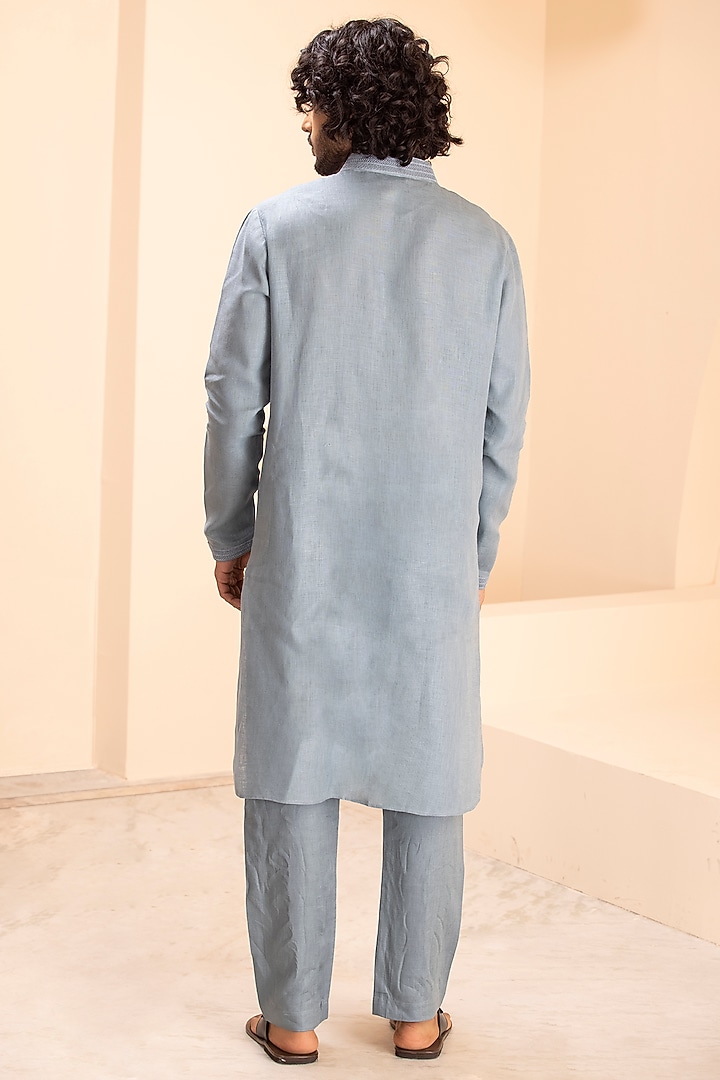 Turquoise Linen Embroidered Kurta Set by AMIT ARORA at Pernia's Pop Up Shop