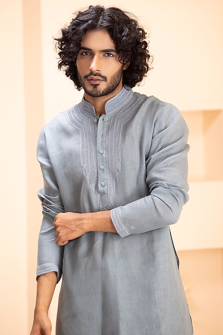 Turquoise Linen Embroidered Kurta Set by AMIT ARORA at Pernia's Pop Up Shop