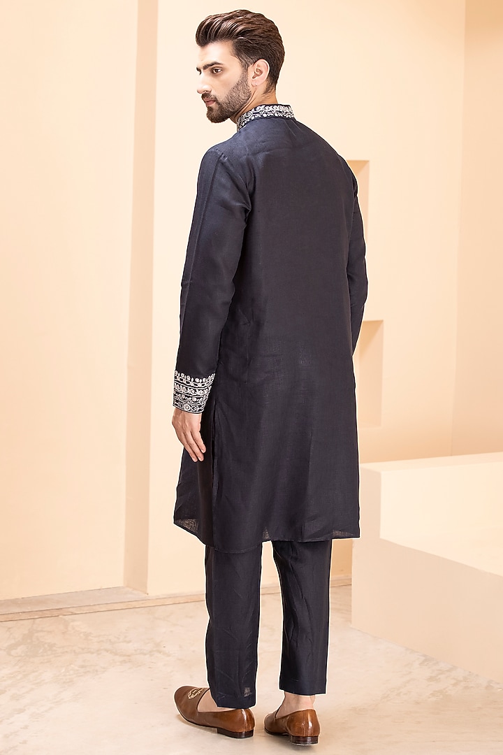 Navy Blue Linen Embroidered Kurta Set by AMIT ARORA at Pernia's Pop Up Shop