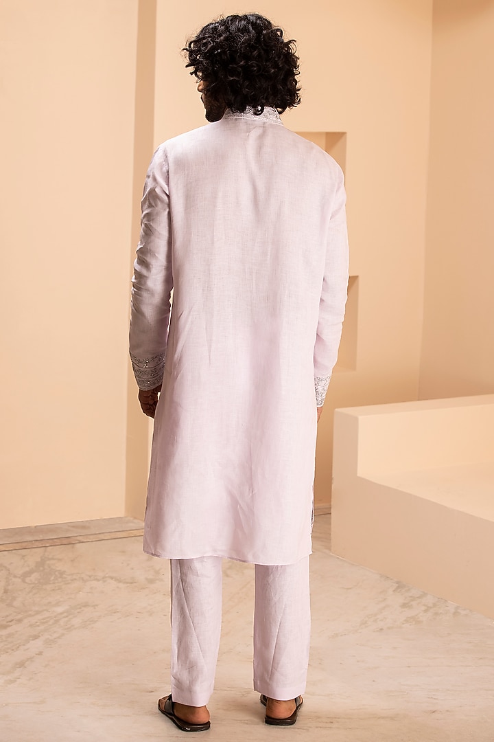 Baby Pink Linen Embroidered Kurta Set by AMIT ARORA at Pernia's Pop Up Shop