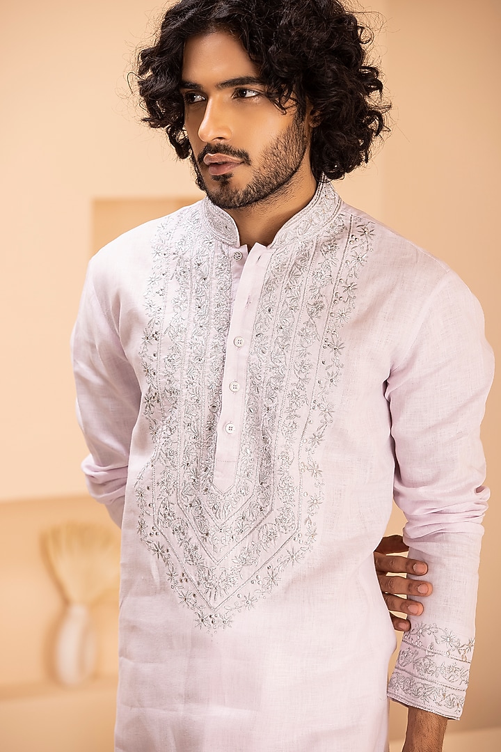 Baby Pink Linen Embroidered Kurta Set by AMIT ARORA at Pernia's Pop Up Shop