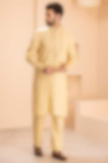 Mustard Linen Embroidered Kurta Set by AMIT ARORA