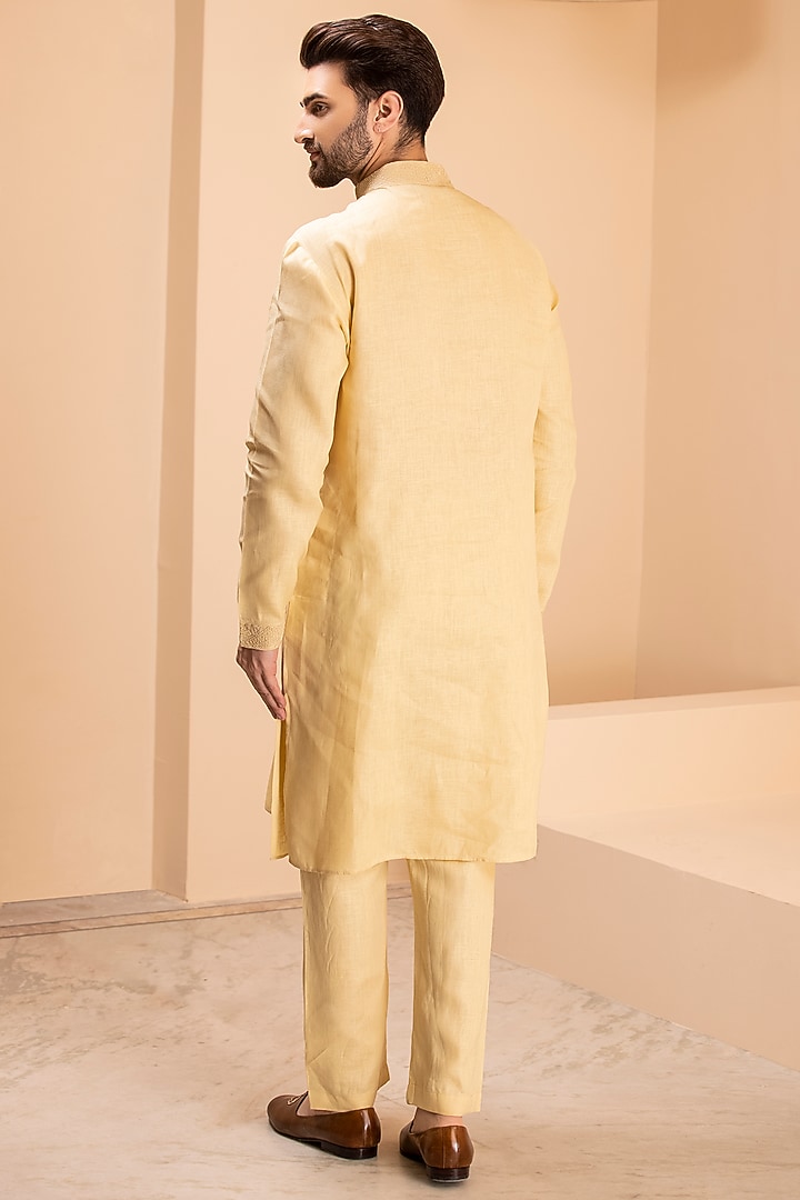 Mustard Linen Embroidered Kurta Set by AMIT ARORA at Pernia's Pop Up Shop