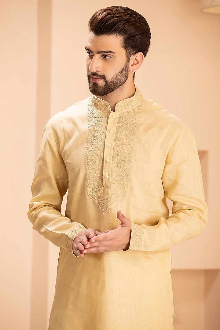 Mustard Linen Embroidered Kurta Set by AMIT ARORA at Pernia's Pop Up Shop