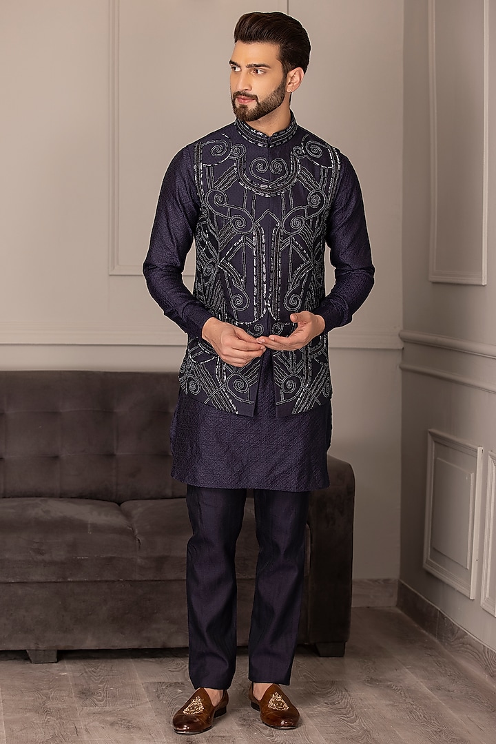 Navy Blue Banarasi Silk Embroidered Nehru Jacket Set by AMIT ARORA