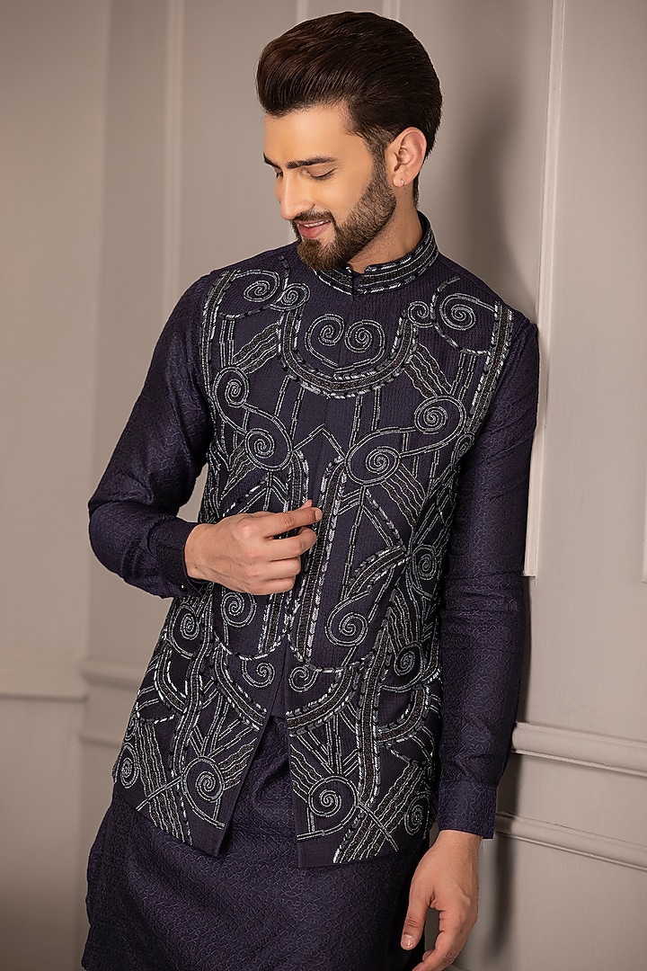 Navy Blue Banarasi Silk Embroidered Nehru Jacket Set by AMIT ARORA at Pernia's Pop Up Shop