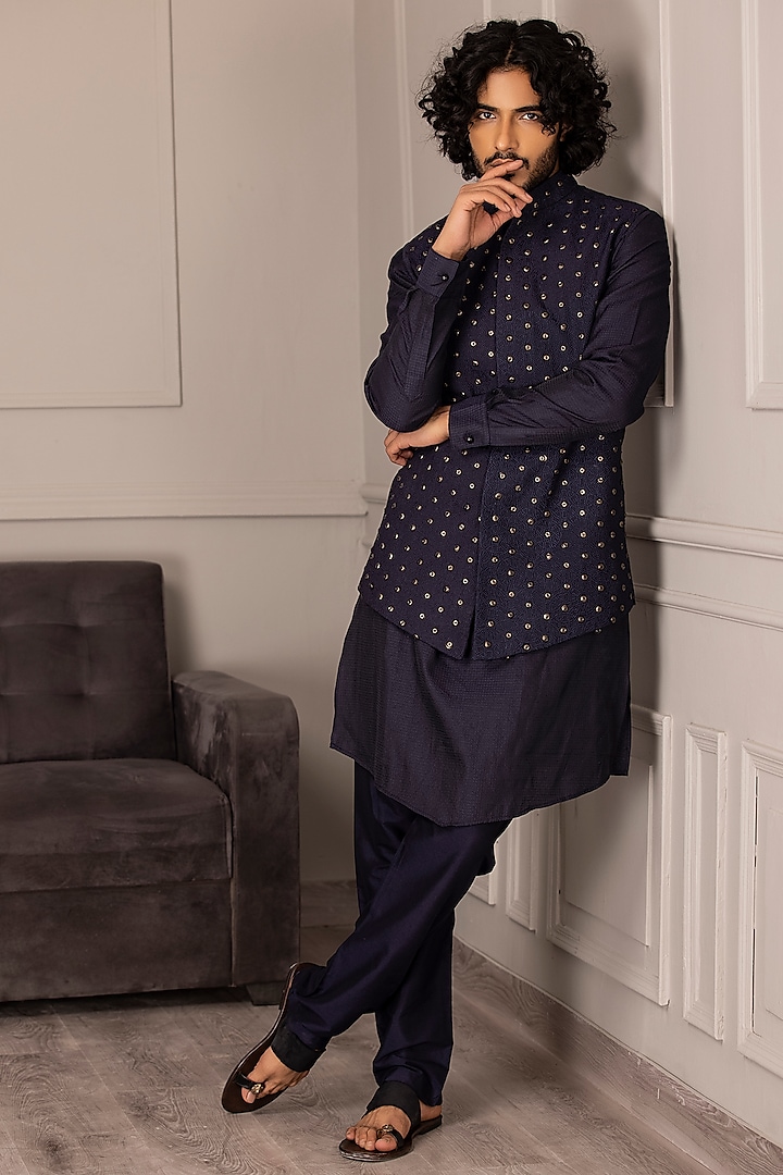 Navy Blue Banarasi Silk Embroidered Nehru Jacket Set by AMIT ARORA