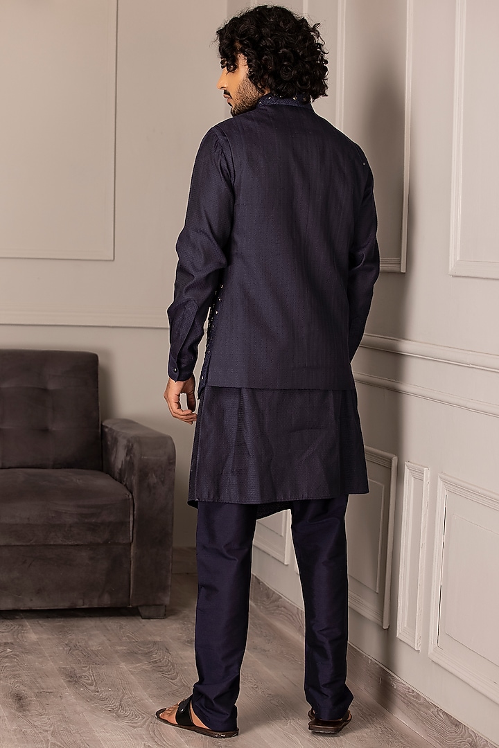 Navy Blue Banarasi Silk Embroidered Nehru Jacket Set by AMIT ARORA at Pernia's Pop Up Shop