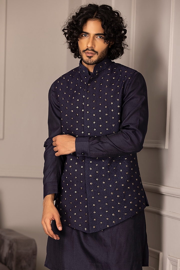 Navy Blue Banarasi Silk Embroidered Nehru Jacket Set by AMIT ARORA at Pernia's Pop Up Shop