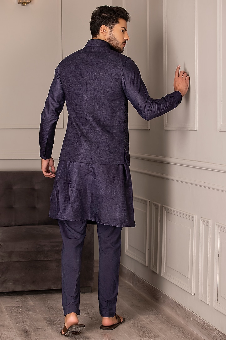 Navy Blue Banarasi Silk Embroidered Nehru Jacket Set by AMIT ARORA at Pernia's Pop Up Shop