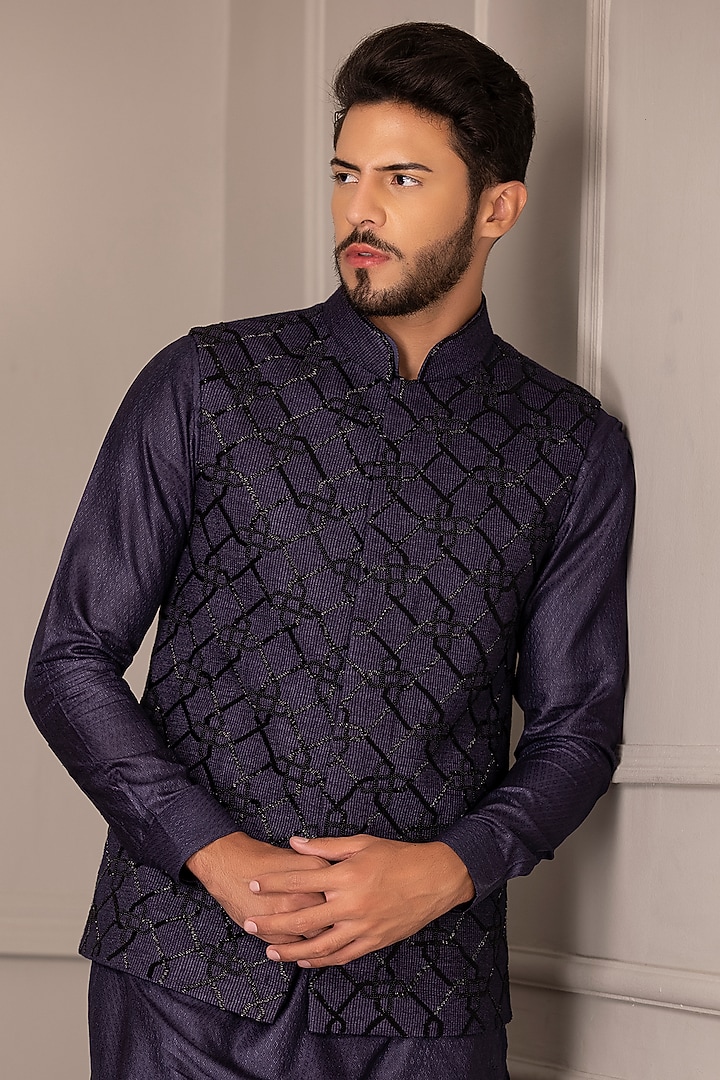 Navy Blue Banarasi Silk Embroidered Nehru Jacket Set by AMIT ARORA at Pernia's Pop Up Shop