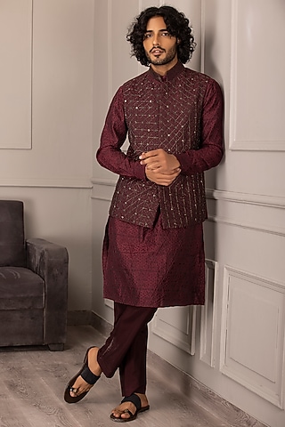 Wine Banarasi Silk Embroidered Nehru Jacket Set by AMIT ARORA