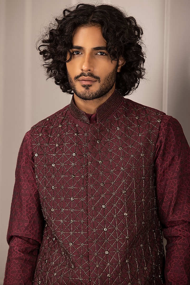 Wine Banarasi Silk Embroidered Nehru Jacket Set by AMIT ARORA at Pernia's Pop Up Shop