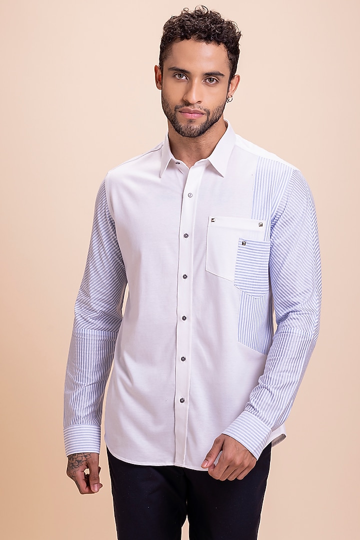 White & Sky Blue Knit Striped Party Wear Shirt by AMIT ARORA at Pernia's Pop Up Shop