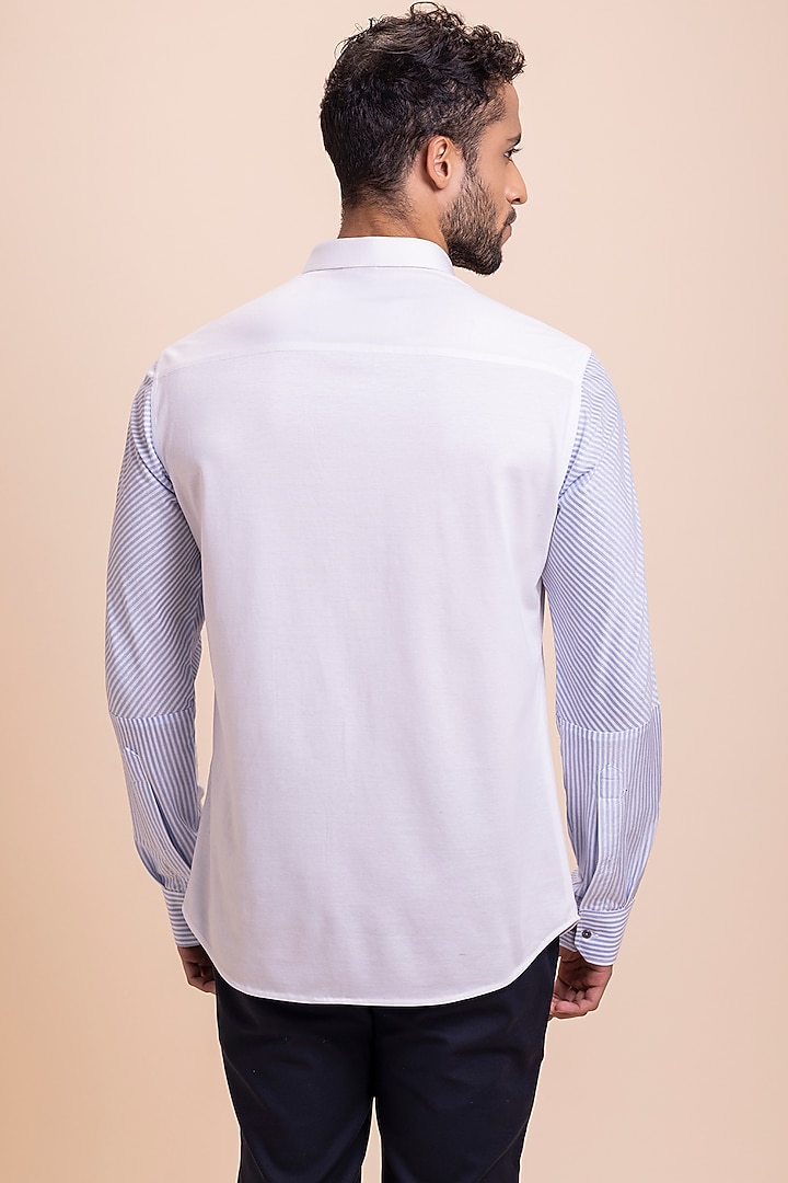 White & Sky Blue Knit Striped Party Wear Shirt by AMIT ARORA at Pernia's Pop Up Shop