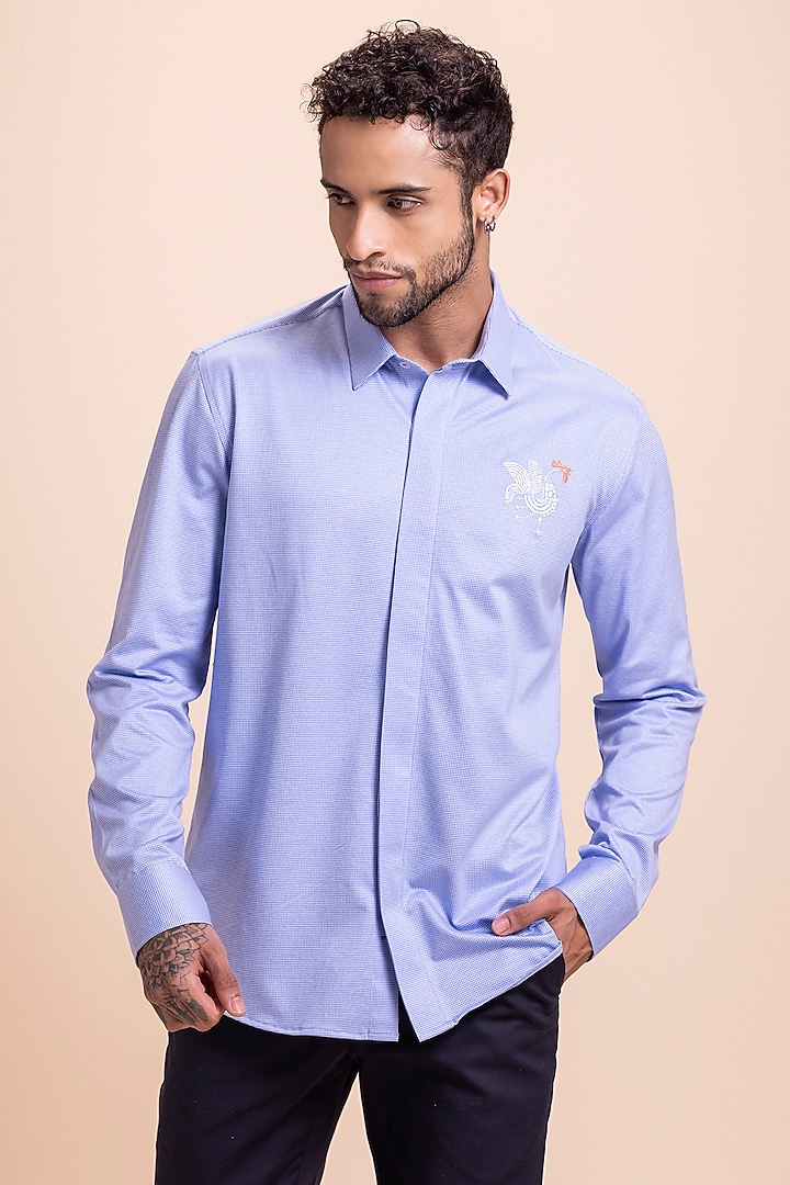 Sky Blue Knit Motif Embroidered Party Wear Shirt by AMIT ARORA at Pernia's Pop Up Shop