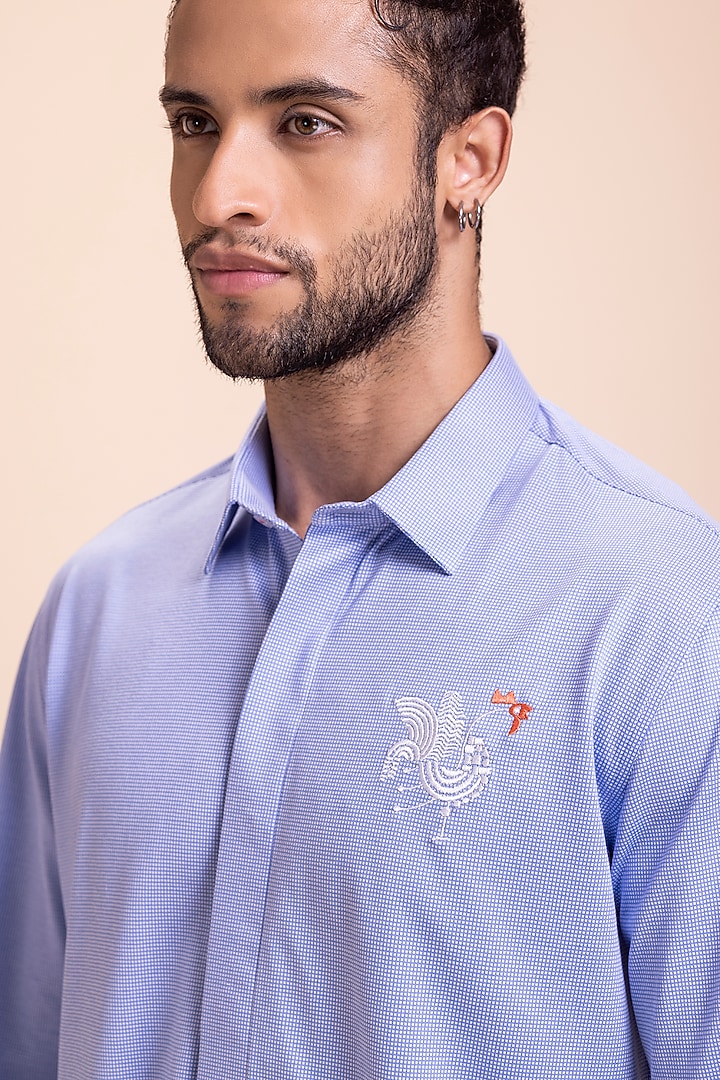 Sky Blue Knit Motif Embroidered Party Wear Shirt by AMIT ARORA at Pernia's Pop Up Shop
