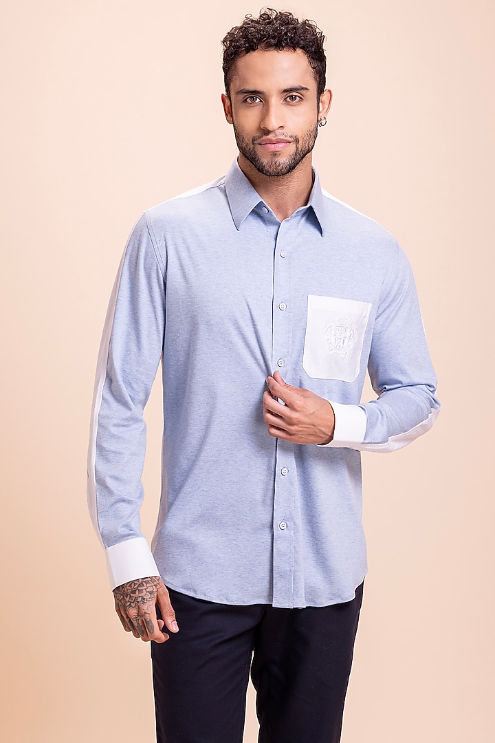 Sky Blue Knit Party Wear Shirt by AMIT ARORA at Pernia's Pop Up Shop