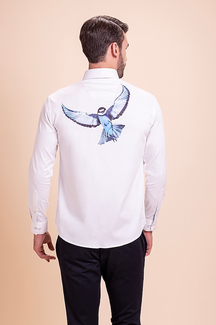 White Cotton Lycra Bird Motif Party Wear Shirt by AMIT ARORA at Pernia's Pop Up Shop