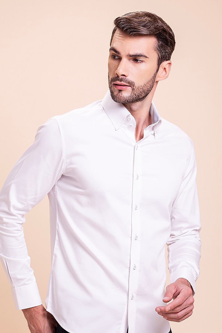 White Cotton Lycra Bird Motif Party Wear Shirt by AMIT ARORA at Pernia's Pop Up Shop