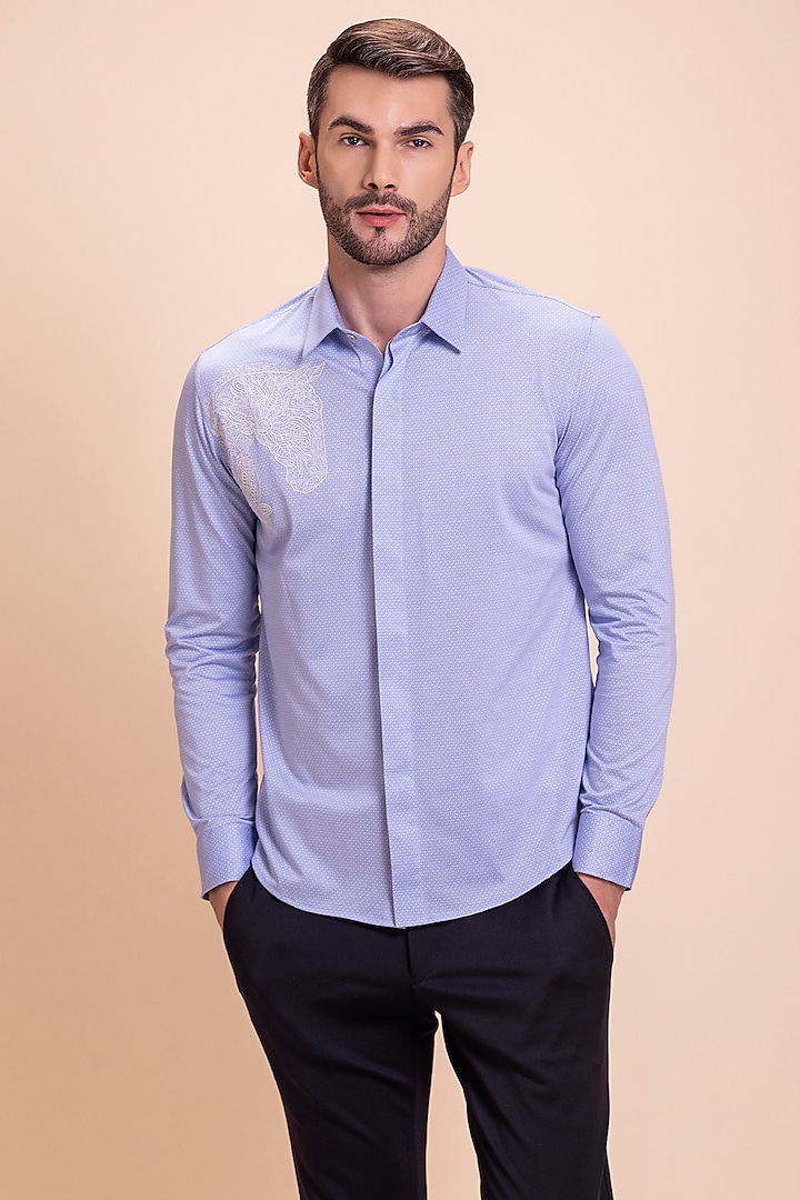 Sky Blue Knit Horse Motif Embroidered Party Wear Shirt by AMIT ARORA at Pernia's Pop Up Shop