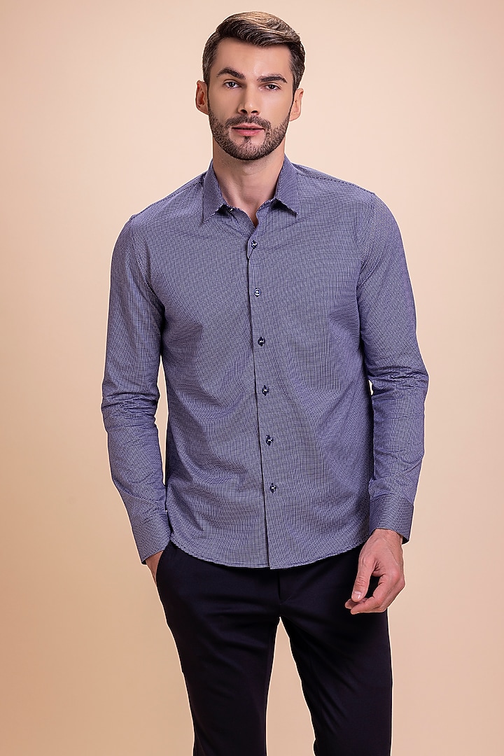 Deep Blue Knit Butterfly Motif Embroidered Party Wear Shirt by AMIT ARORA at Pernia's Pop Up Shop